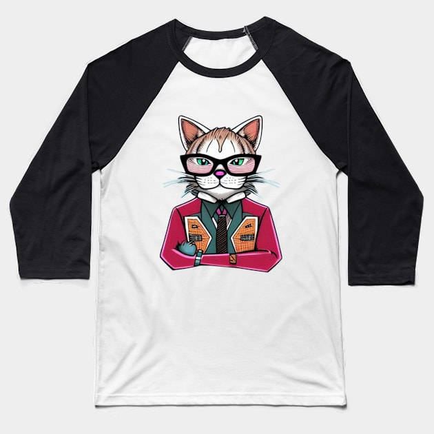 Funky Cat With Glasses Baseball T-Shirt by Liesl Weppen